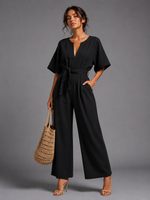 Women’s Linen V Neck Wide Leg Jumpsuit - Craw Leigh