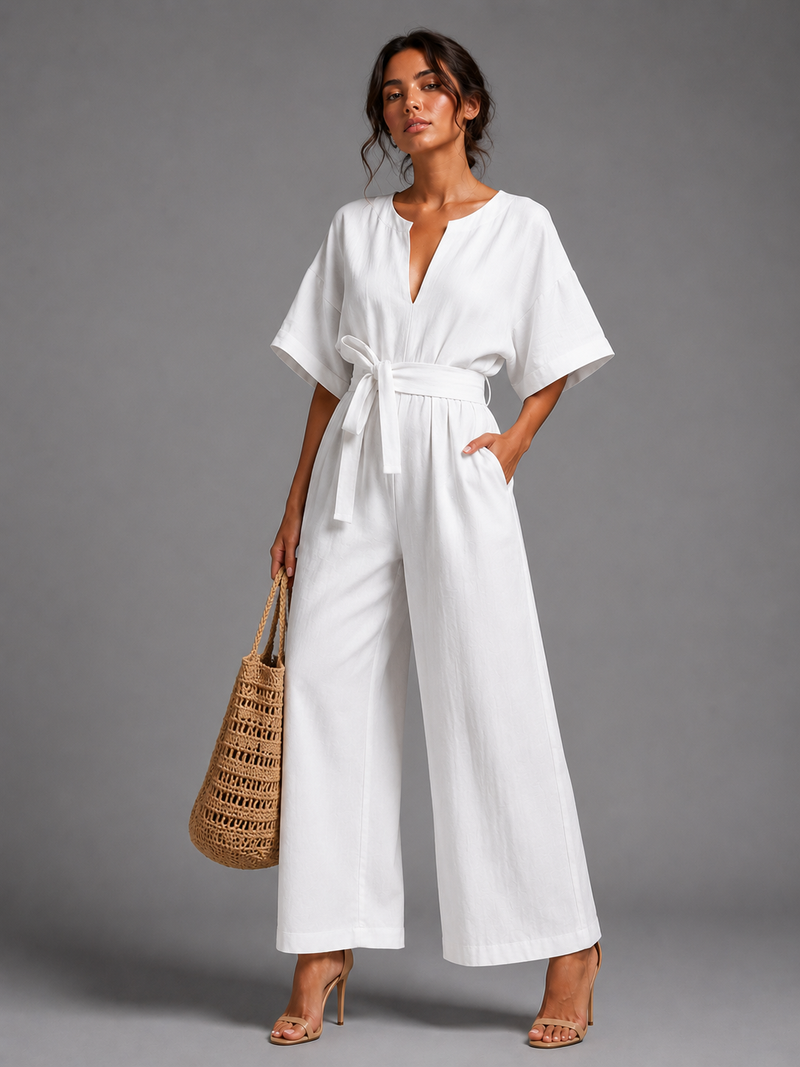 Women’s Linen V Neck Wide Leg Jumpsuit - Craw Leigh