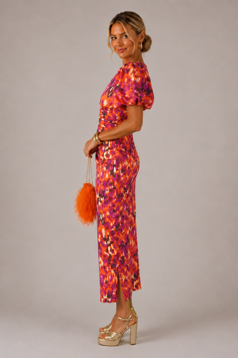 Women’s V-Neck Midi Dress Puff Sleeve Printed - Craw Leigh