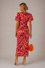 Women’s V-Neck Midi Dress Puff Sleeve Printed - Craw Leigh