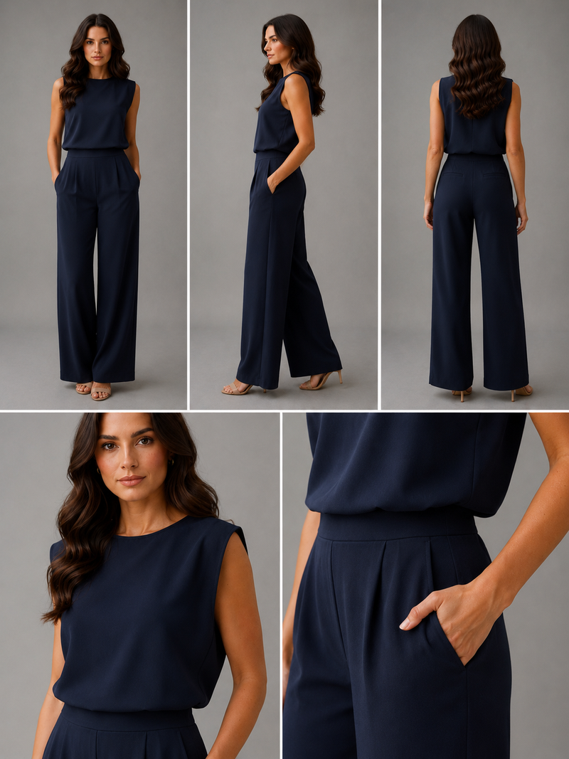 Navy blue jumpsuit worn by a model on a gray background