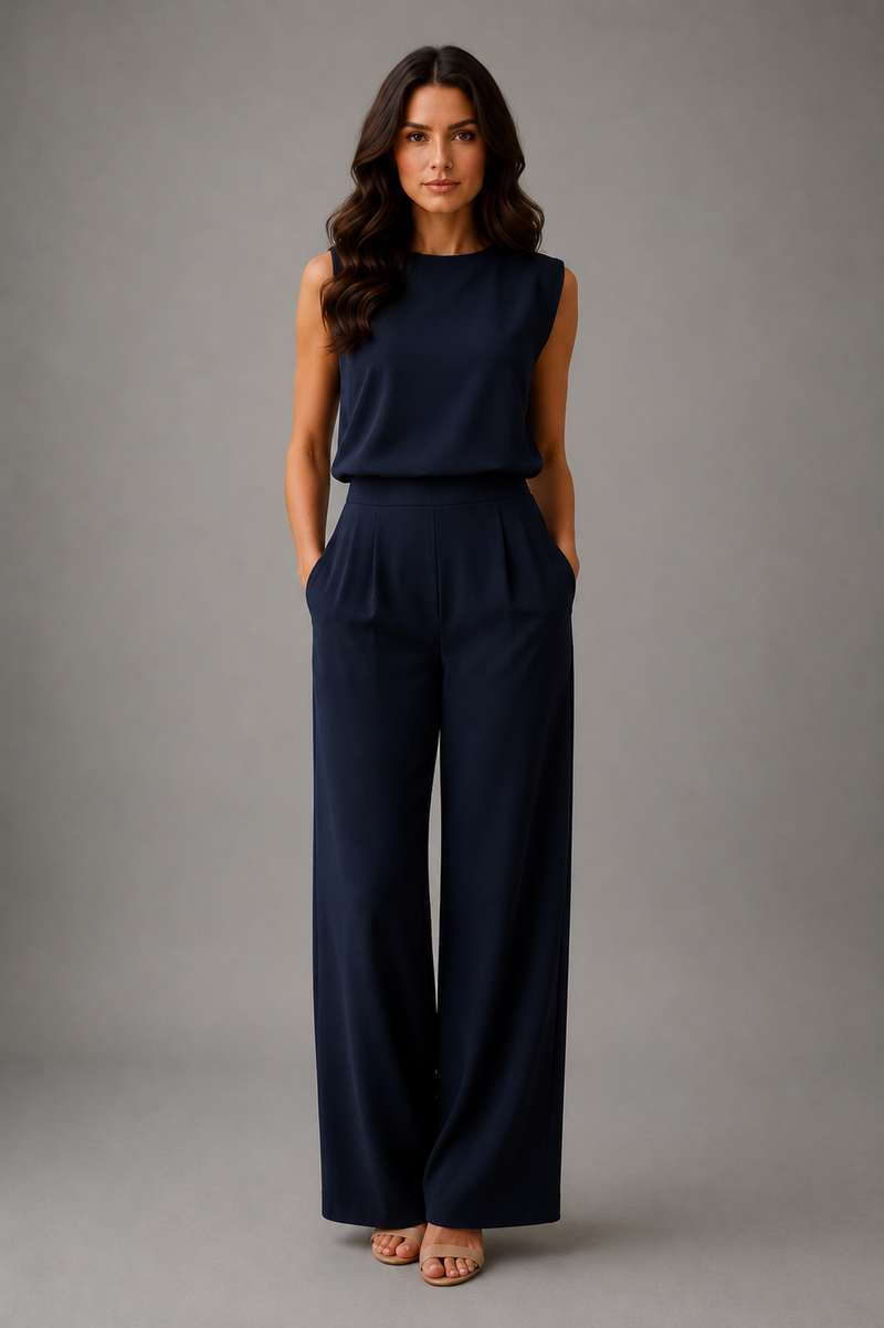 Woman wearing a navy blue jumpsuit against a gray background