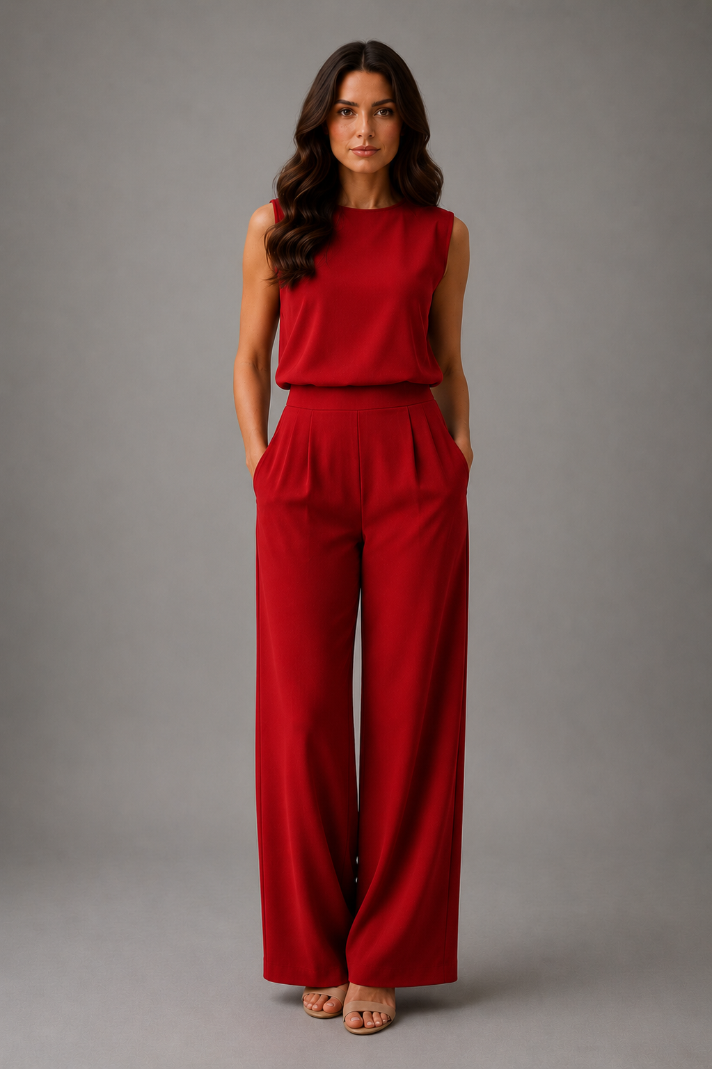Woman wearing a red jumpsuit against a gray background