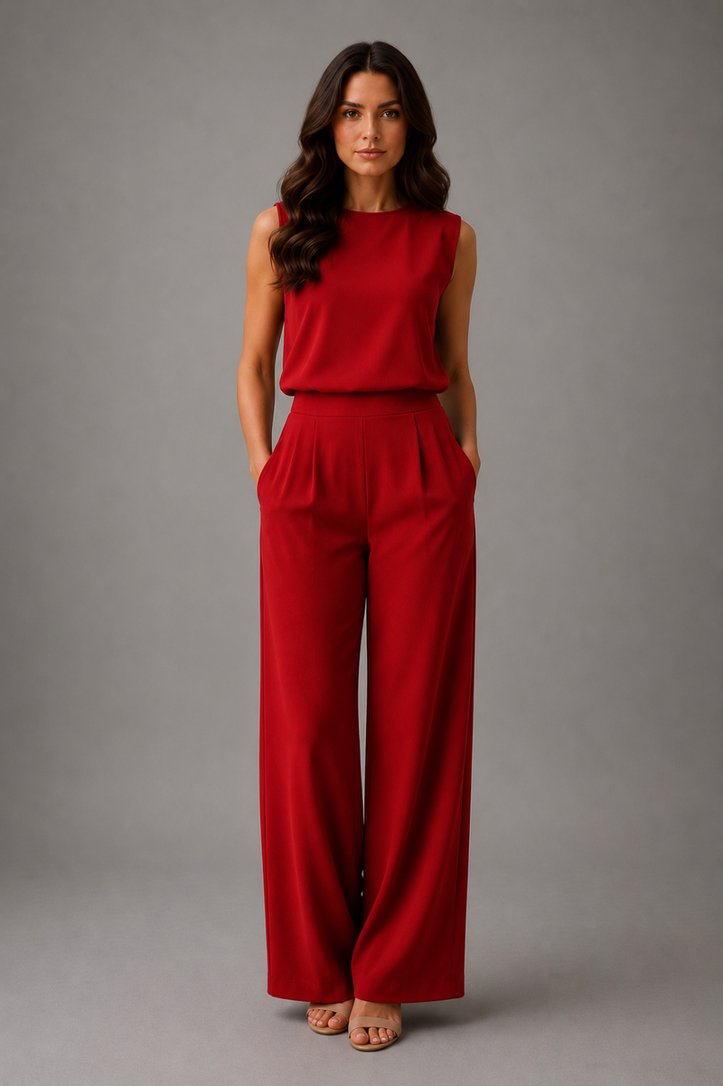 Woman wearing a red jumpsuit against a gray background