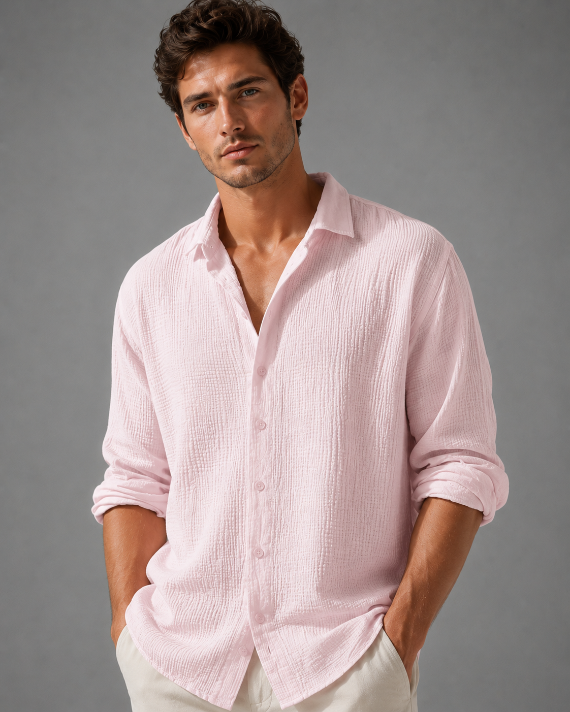 Man wearing a light pink shirt against a gray background