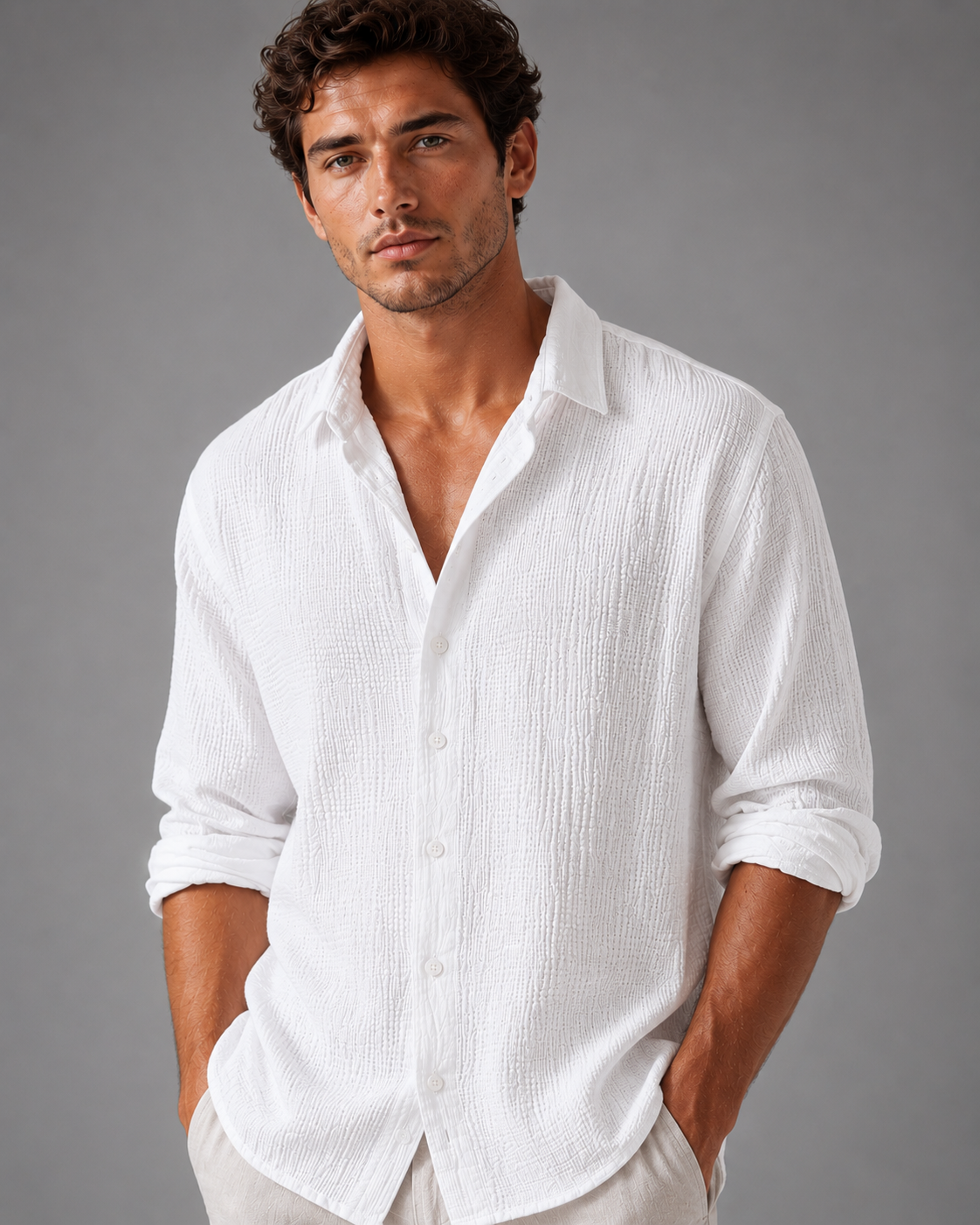 Man wearing a white button-up shirt against a gray background