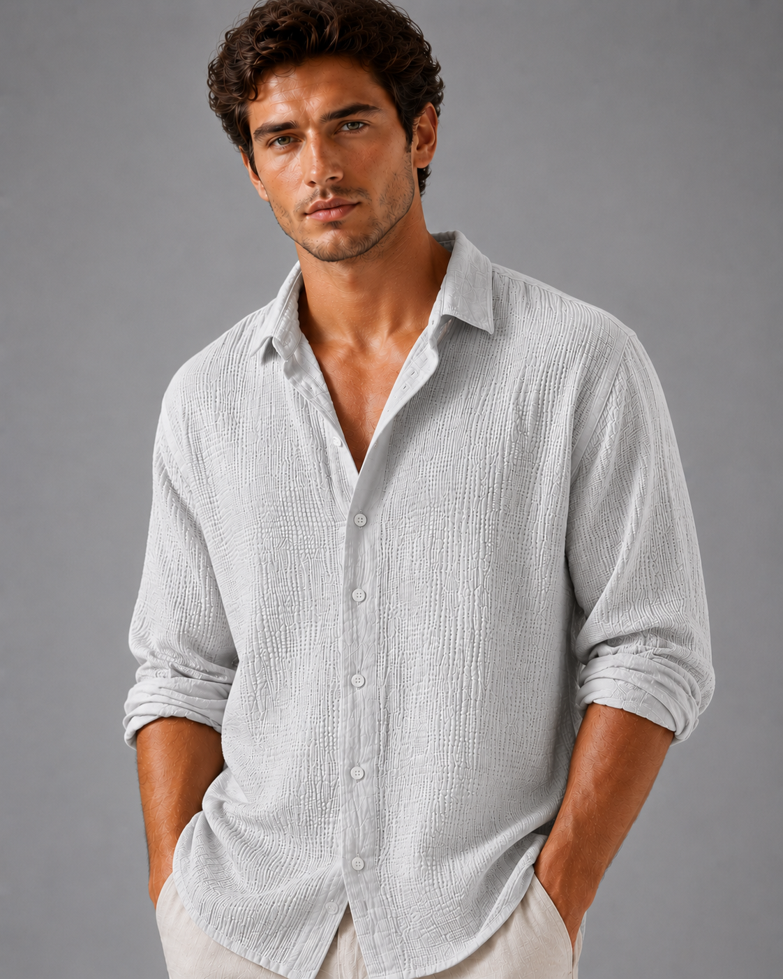 Man wearing a light gray button-up shirt against a gray background