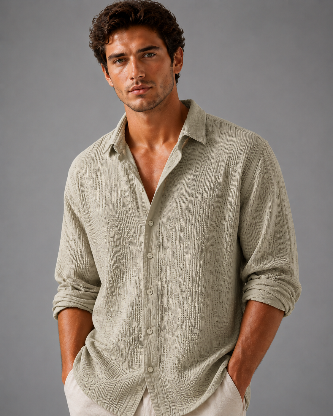 Man wearing a light green button-up shirt against a gray background