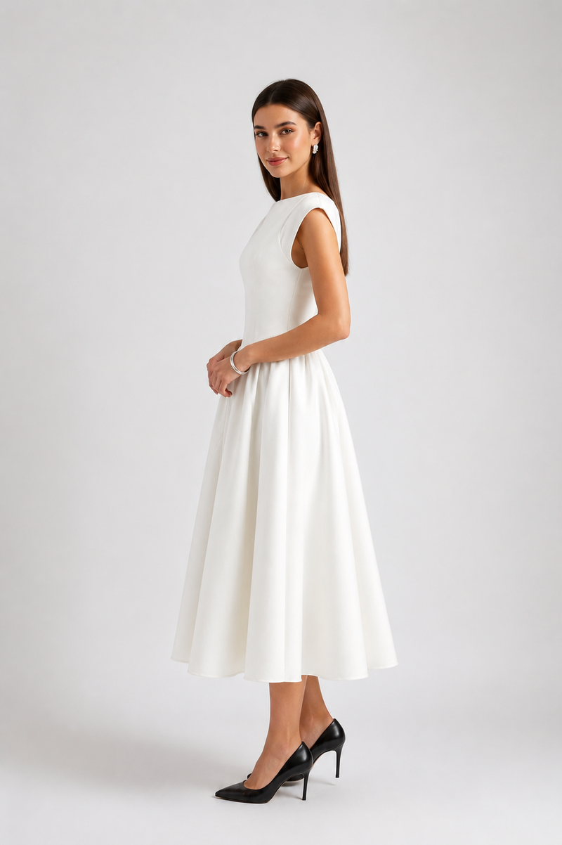 Women's Sleeveless Midi Dress Round Neck Flowy Fit - Craw Leigh
