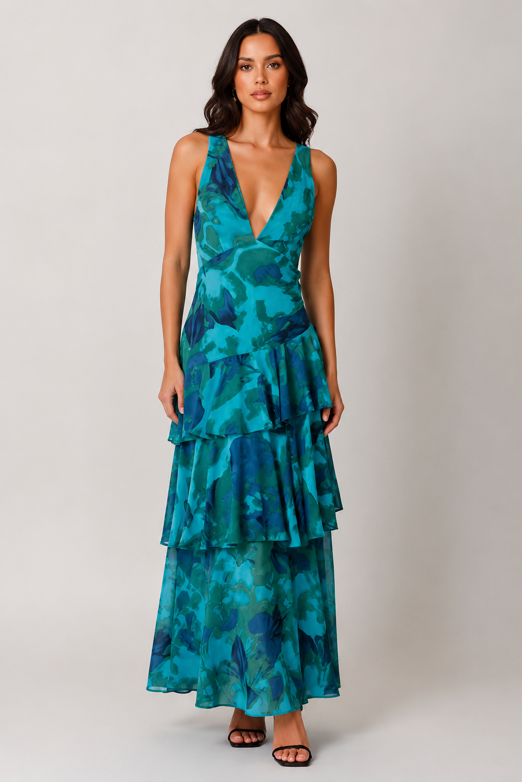 Women’s Chiffon Maxi Dress V Neck Tiered Ruffle - Craw Leigh