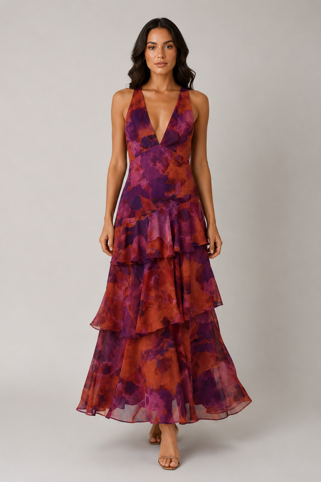 Women’s Chiffon Maxi Dress V Neck Tiered Ruffle - Craw Leigh