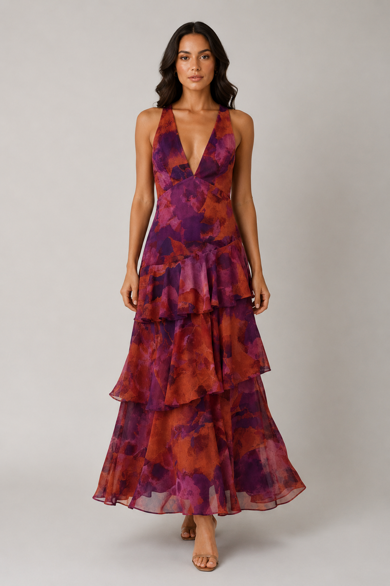 Woman wearing a tiered, floral-patterned dress on a plain background