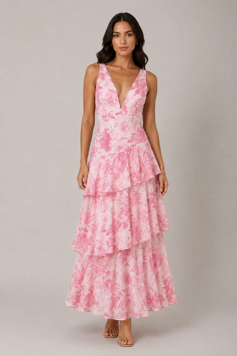 Woman wearing a pink floral dress against a plain background