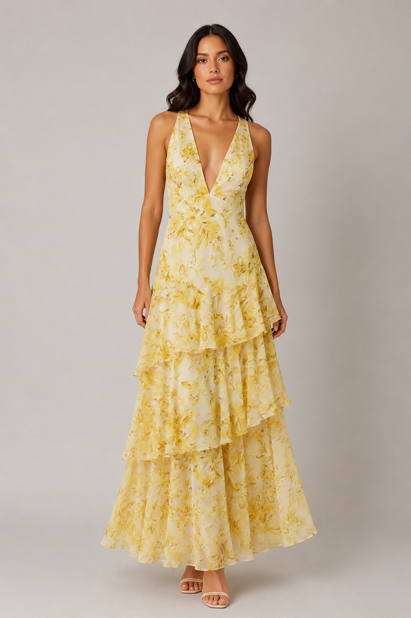 Woman wearing a yellow floral dress against a gray background