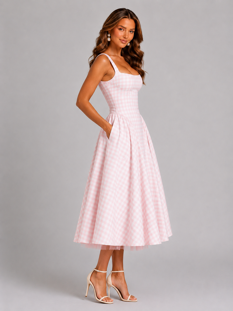 Women’s Gingham Midi Dress with Full Skirt for Special Occasions