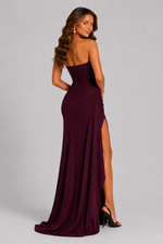 Women’s Strapless Ruched Maxi Dress with Split Detail - Sculpted Elegant Silhouette