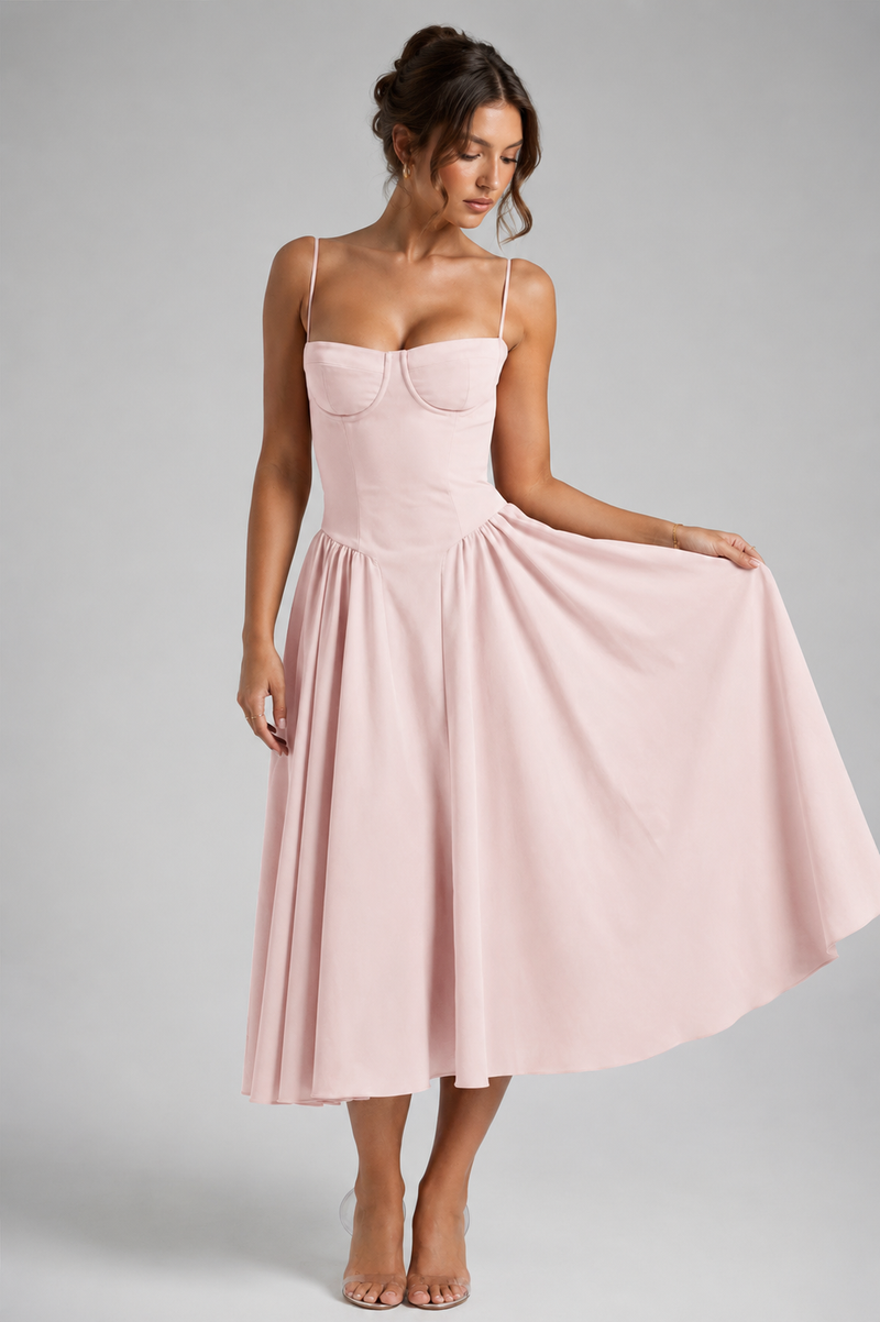 Women's Corset Midi Dress with Full Skirt & Adjustable Lace-Up Back