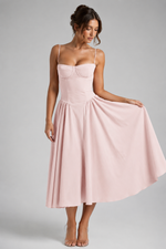 Women’s Corset Midi Dress with Full Skirt & Adjustable Lace-Up Back - Sculpted Fit