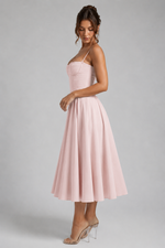 Women’s Corset Midi Dress with Full Skirt & Adjustable Lace-Up Back - Sculpted Fit