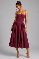 Women’s Corset Midi Dress with Full Skirt & Adjustable Lace-Up Back - Sculpted Fit