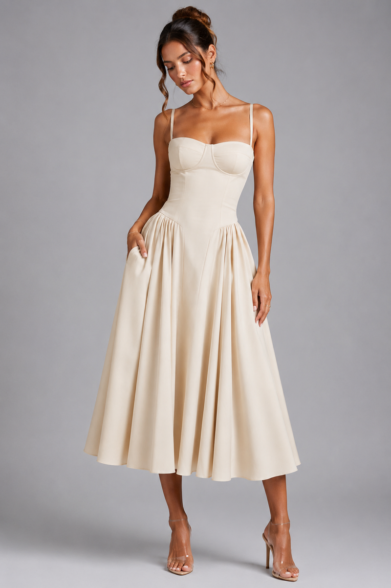 Women's Corset Midi Dress with Full Skirt & Adjustable Lace-Up Back