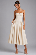 Women’s Corset Midi Dress with Full Skirt & Adjustable Lace-Up Back - Sculpted Fit