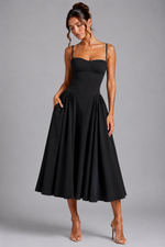 Women’s Corset Midi Dress with Full Skirt & Adjustable Lace-Up Back - Sculpted Fit