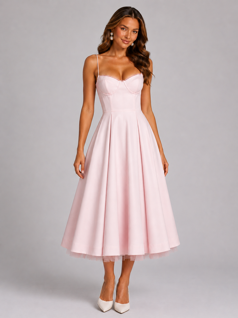 Women’s Corset Midi Dress with Full Skirt for Weddings & Special Occasions