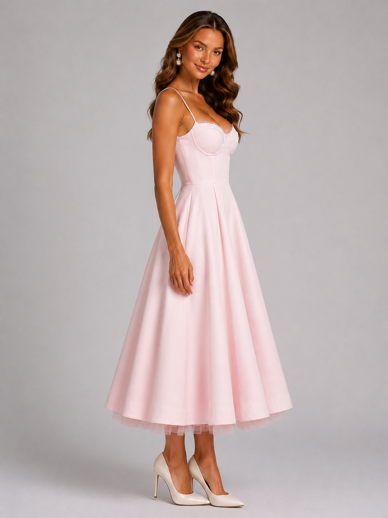 Women’s Corset Midi Dress with Full Skirt for Weddings & Special Occasions