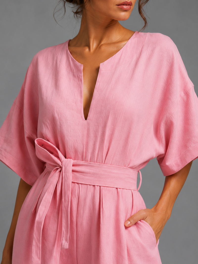Women’s Linen V Neck Wide Leg Jumpsuit - Craw Leigh