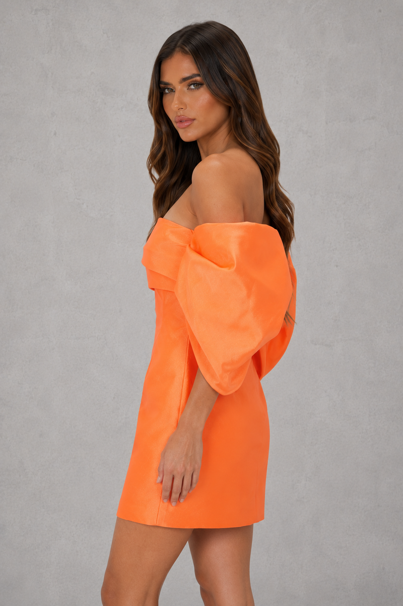 Women’s Bardot Taffeta Mini Dress with Pleated Sleeves for Party & Special Occasion Wear