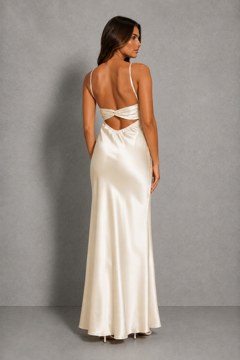 Women’s Open Back Satin Maxi Dress with Ruched Bust for Formal & Evening Wear