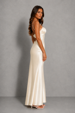 Women’s Open Back Satin Maxi Dress with Ruched Bust for Formal & Evening Wear