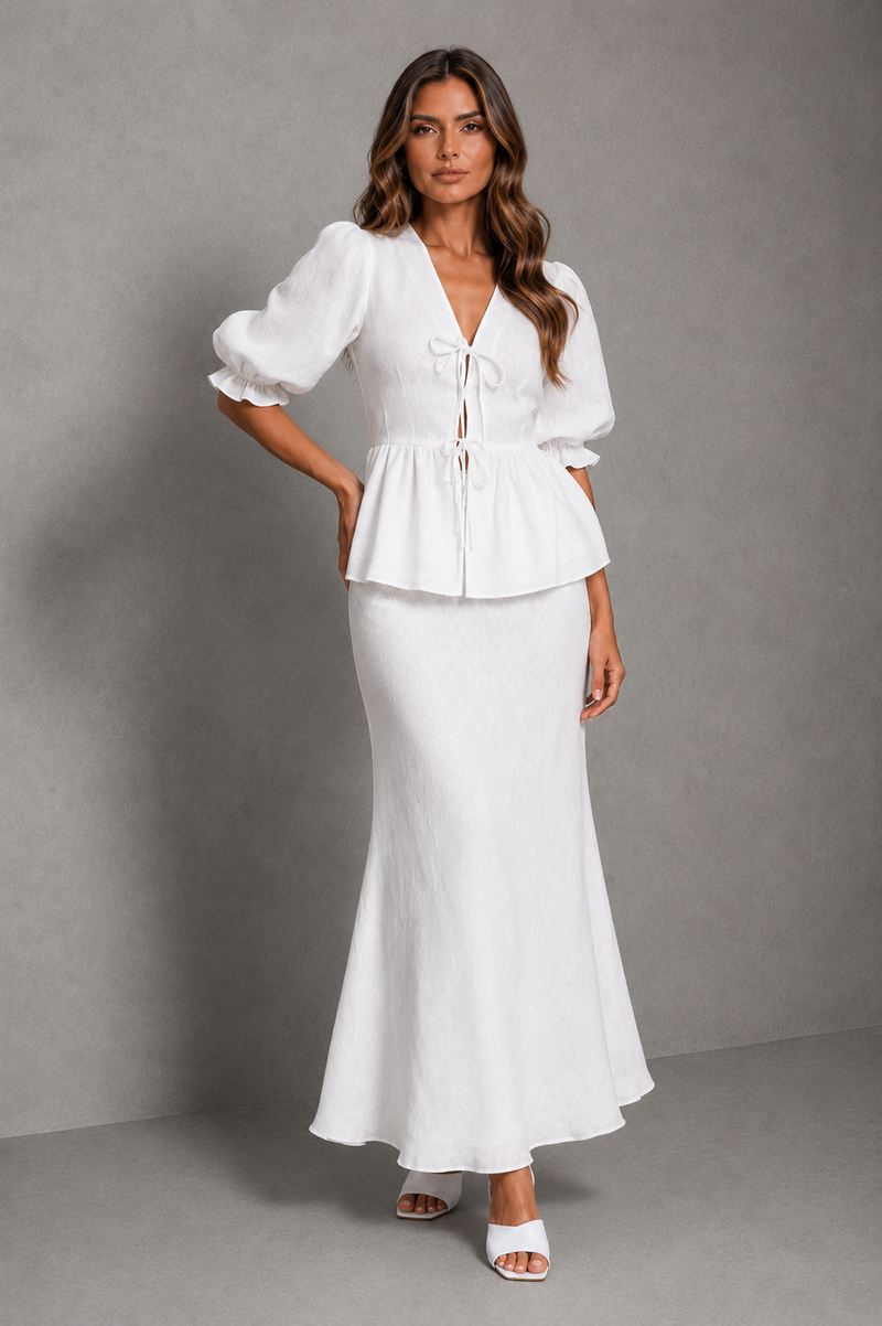 Women’s Cotton Two-Piece Maxi Skirt Set with Puff Sleeve Blouse for Summer Wear