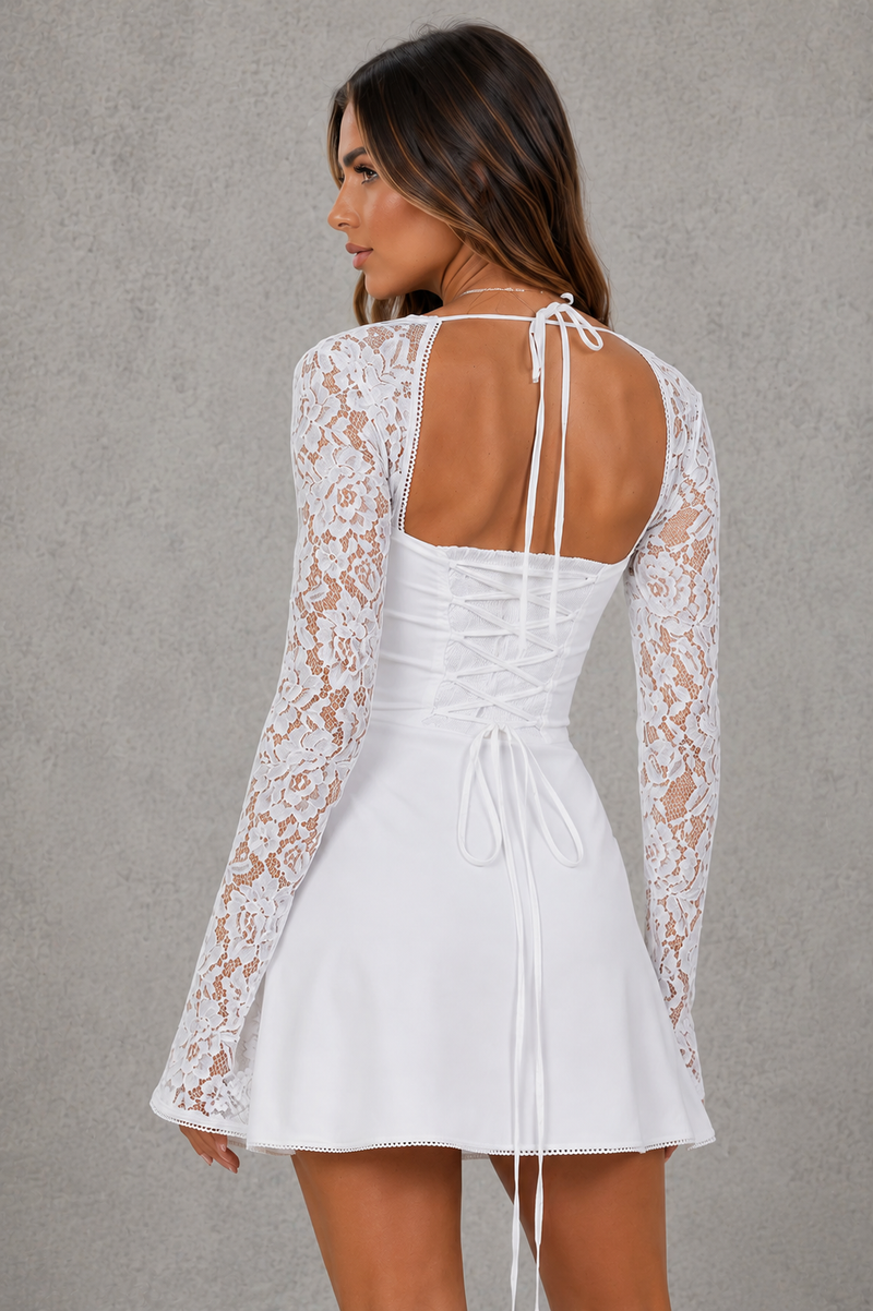 Women’s Chiffon Milkmaid Mini Dress with Lace Sleeves for Party & Date Night Wear