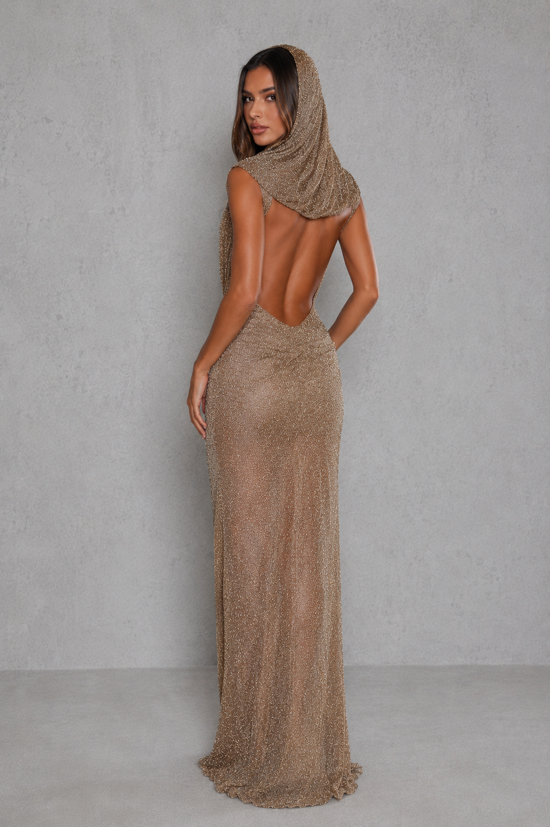 Women’s Cowl Neck Backless Ruched Maxi Dress