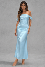 Women’s Bias Cut Satin Midi Dress with Ruched Bust Detail for Evening & Formal Wear