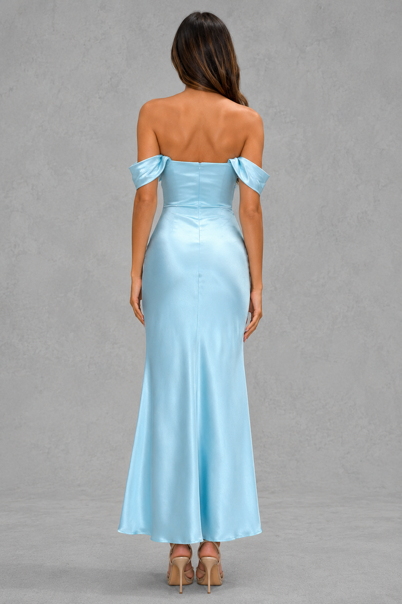 Women’s Bias Cut Satin Midi Dress with Ruched Bust Detail for Evening & Formal Wear