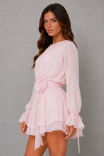 Women’s Chiffon Mini Dress with Bishop Sleeves & Rosette Belt for Party & Daytime Wear