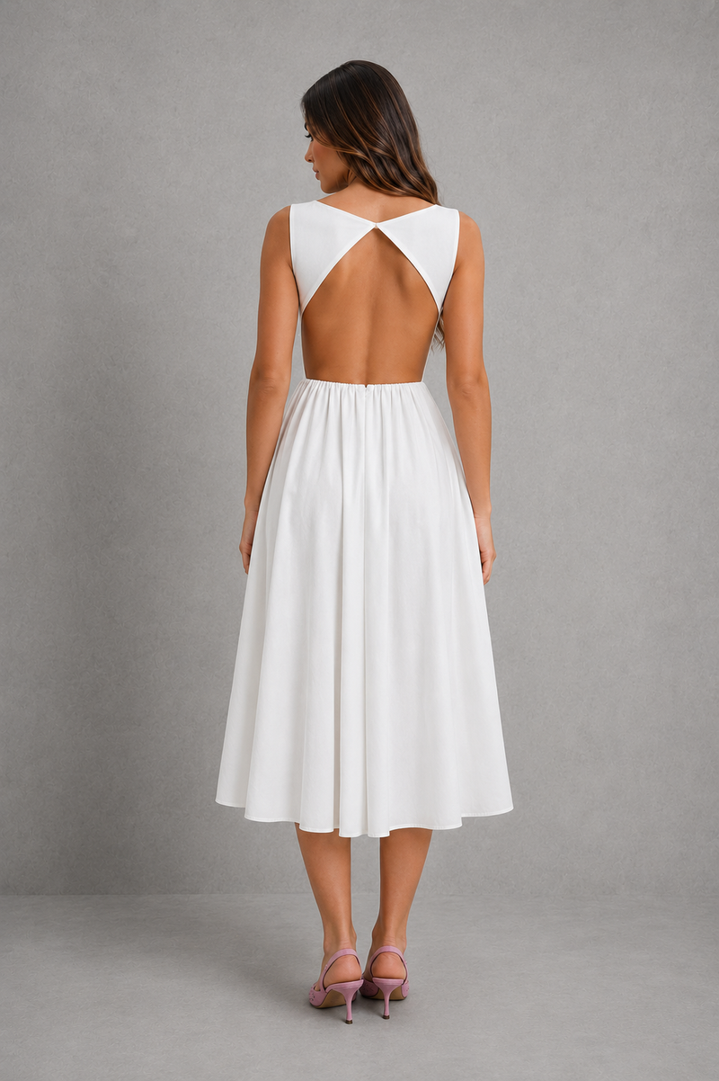 Women’s Open Back Midi Dress with A-Line Skirt for Wedding & Evening Wear