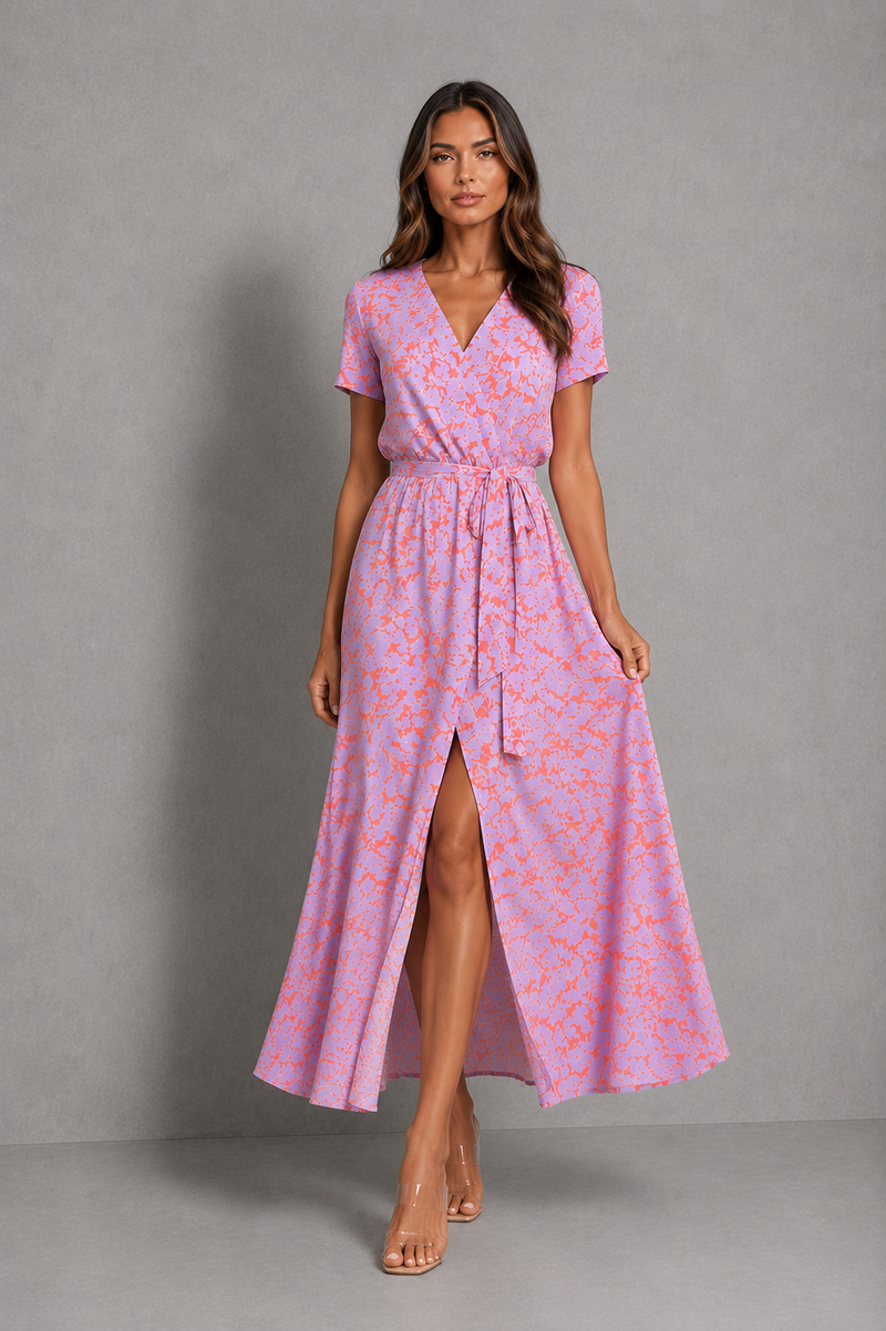 Women’s Floral Wrap Midi Dress with Tie Waist & Front Split for Summer Occasion Wear