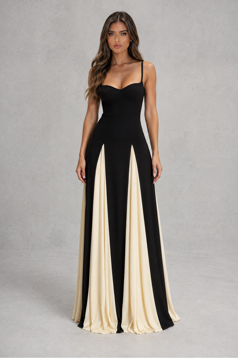 Women’s Two-Tone Maxi Dress with Contrast Skirt & Adjustable Straps for Evening & Occasion Wear