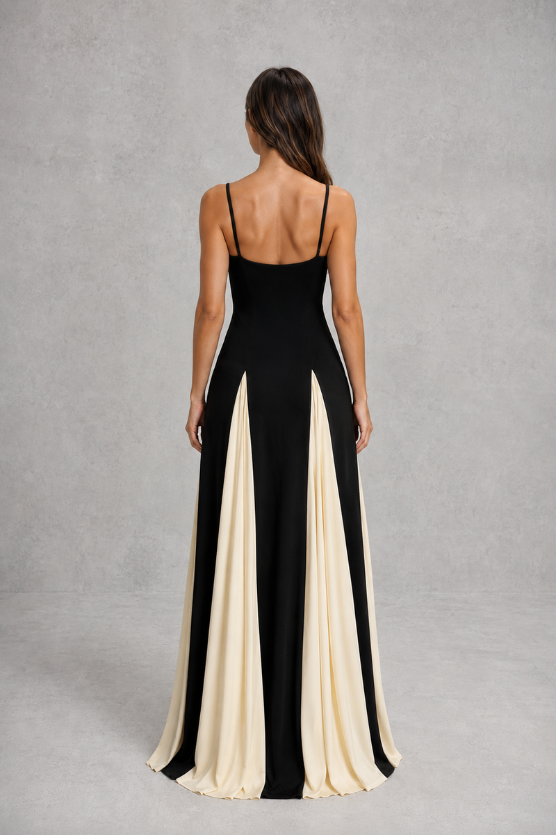 Women’s Two-Tone Maxi Dress with Contrast Skirt & Adjustable Straps for Evening & Occasion Wear