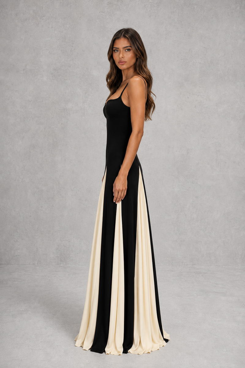 Women’s Two-Tone Maxi Dress with Contrast Skirt & Adjustable Straps for Evening & Occasion Wear