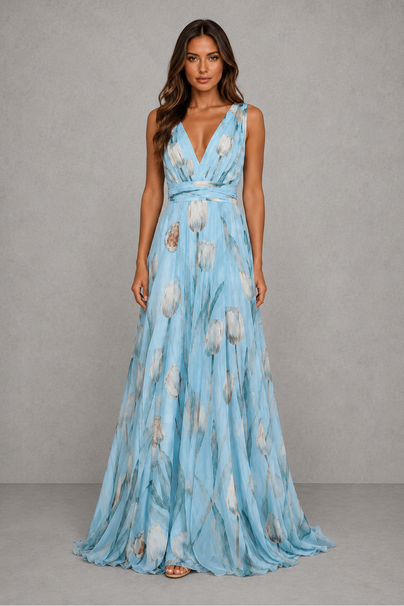 Women’s Floral V-Neck Maxi Dress with Cinched Waist for Wedding & Occasion Wear
