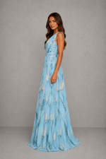 Women’s Floral V-Neck Maxi Dress with Cinched Waist for Wedding & Occasion Wear