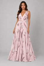 Women’s Floral V-Neck Maxi Dress with Cinched Waist for Wedding & Occasion Wear