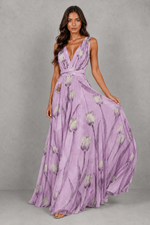 Women’s Floral V-Neck Maxi Dress with Cinched Waist for Wedding & Occasion Wear