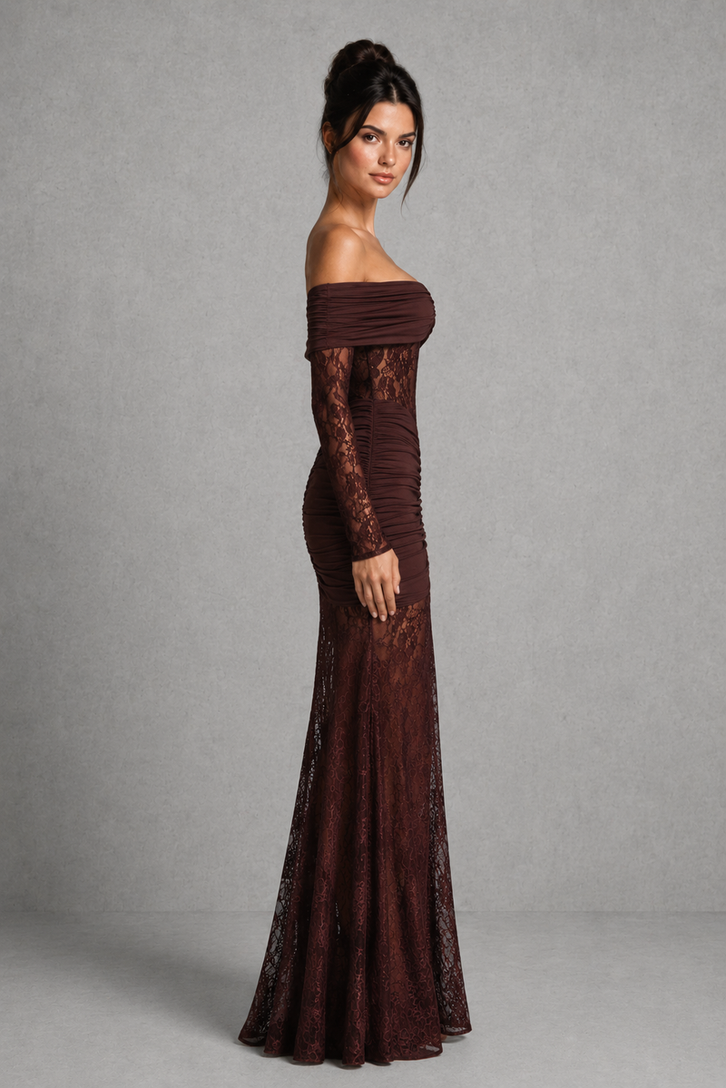Women’s Lace Sleeve Maxi Dress with Ruched Detail for Evening & Formal Wear