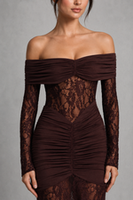 Women’s Lace Sleeve Maxi Dress with Ruched Detail for Evening & Formal Wear